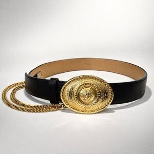Streets Ahead Aries Belt, Black w/Gold oval Medallion Buckle, lion, chains,M,EUC